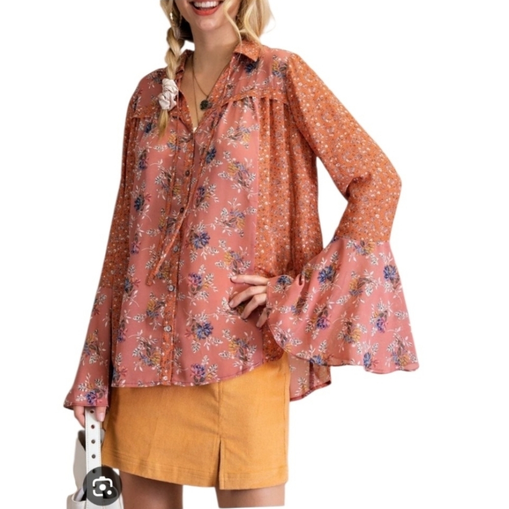 Women's Floral Print Bell Sleeves Boho Top Sz Large